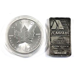 2016 1oz Silver Maple Leaf & 1X Vintage A-Mark 1oz .999+ Silver bar (Tax Exempt) 2pcs