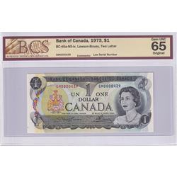 1973 $1 BC-46a-N5-iv, Bank of Canada, Lawson-Bouey, Two Letter, Low Serial number S/N: GM0000439, BC