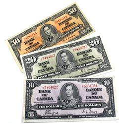 Set of 1937 Canada $10, $20 & $50 Coyne -Towers Banknotes. Prefix LT S/N: 5864022 , Prefix H/E S/N: 