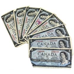 Estate lot of  8x 1954 Bank of Canada $5 notes Prefix VX, TX, VC & TX. Notes appear to be in circula