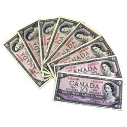 Estate lot of 8x 1954 Bank of Canada $10 Notes, Prefix SV, HT, VT, FV, PV, XD & LD.  Notes appear to