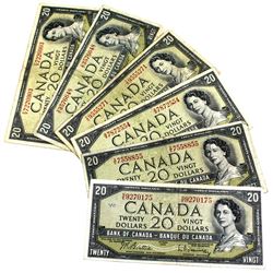 lot of 6x 1954 Bank of Canada $20 notes, Prefix FW, VE, YE, GW, XE & NE. 6pcs