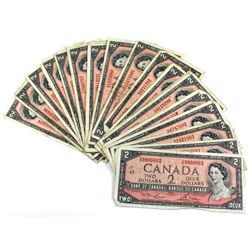 Estate lot of 1954 Bank of Canada $2 Notes with various Prefixes. 26pcs