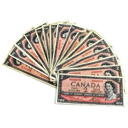 Estate lot of 1954 Bank of Canada $2 Notes with various Prefixes. 21pcs