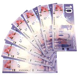 7x 2005 Consecutive 2005 $10 Bank of Canada Note BTG Prefix. 7pcs