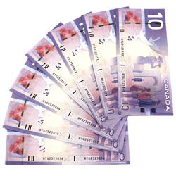 7x 2005 Consecutive 2005 $10 Bank of Canada Note BTG Prefix. 7pcs