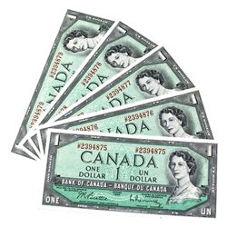 5x 1954 Consecutive Canada $1 Banknotes CDB Prefixes. 5pcs