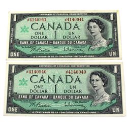 Pair of consecutive 1967 One dollar banknotes JP Prefix. 2pcs