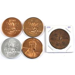5x 1965-1967 Canada Big Penny Souvenir tokens. 5pcs