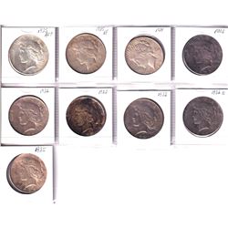 Estate lot of 9x USA Peace Dollars. Lot includes 4x 1922, 1923,1924 & 3x 1925.  Collectible Grade, w