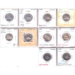 10x 1952-2001 Canada 5-cent Errors and varieties.  You will receive 10 coins with various error and 