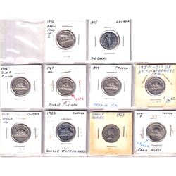 10x 1945-2001 Canada 5-cent Errors and Varieties. Lot include a 1953SF double stamped, 1963 Double b