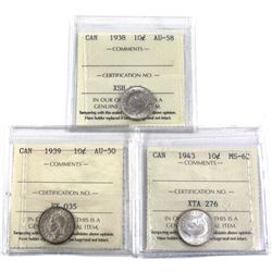 1938,1939 & 1943 Canada 10-cent ICCS Certified: 1938 AU-58, 1939 AU-50 & 1943 MS-62. 3pcs