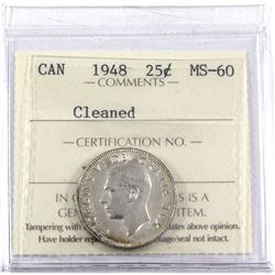 1948 Canada 25-cent ICCS Certified MS-60 (cleaned)