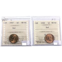 1937 & 1938 Canada 1-cent ICCS Certified MS-64. 2pcs