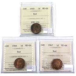 1940,1946 & 1947 Canada 1-cent ICCS Certified MS-64. 3pcs
