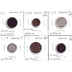 1842-1916 German Coinage in G-VG to Extra Fine (1850 is impaired). 6pcs