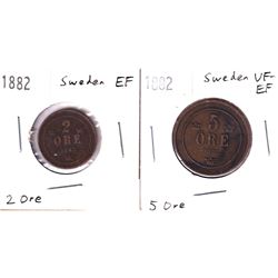 1882 Sweden 2 Ore EF & 1882 5 Ore VF-EF. 2pcs