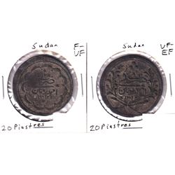 Sudan 20 Piastres Coins with Different Designs - F-VF & VF-EF. 2pcs