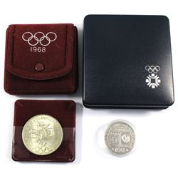 1968 Mexico Olympic 25 Peso Silver Coin in 1968 Olympic Red Snap Case & 1983 Yugoslavia 100 Dinar Sa