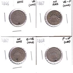1866-1868 USA 5-cents - 1866 Rays VG, 1867 No Rays VG-F, 1867 No Rays G-VG & 1868 F-VF (All coins ar