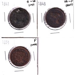 1841-1851 USA 1-cents - 1841 G-VG, 1848 VG-F & 1851 Fine (Coins contain various impairments). 3pcs