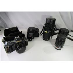 Vintage Cannon T70 Camera W/2 Long Lenses, Flash