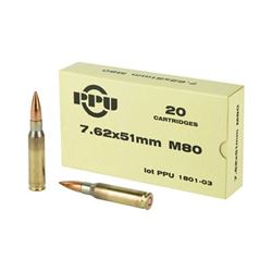 PPU 7.62X51 145GR M80 FMJBT - 100 Rds