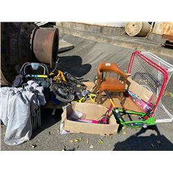 PALLET INCLUDING A BICYCLE, 2 SCOOTERS, A ROLLING CHAIR, 2 HOCKEY NETS, ASSORTED HOCKEY STICKS,