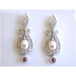 1053 14k White Gold Earrings w/Diamonds/Sapphires/Pearl