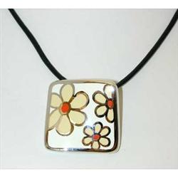 1128 MENEGATTI Silver/Enamel Pendant w/Leather Necklace