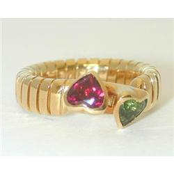 1185 BVLGARI 18K Gold Ring w/Green/Rose Tourmaline