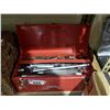 Image 2 : TOOL BOX WITH ASSORTED WRENCHES & WICKER BASKET WITH TIE-DOWN STRAPS