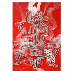 Mark Kostabi "Crimson Solidarity" Hand Signed Original Artwork with COA.
