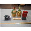 Image 1 : Wooden Train Whistle, 2 Vintage Bottles, Canada Post Money Bank & SK Rough-riders Helmet Money Bank