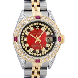 Rolex Ladies 2 Tone Yellow Gold Red Vignette String Diamond Lugs & Ruby Datejust