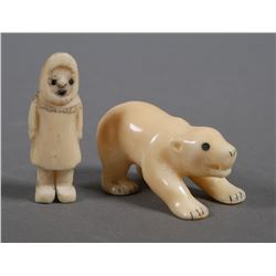 (2) Vintage Inuit Carved Ivory Eskimo Polar Bear