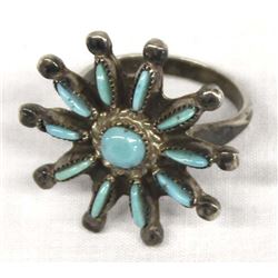 Zuni Sterling & Needlepoint Turquoise Ring, Sz 7