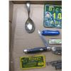 Image 2 : MIXED LOT - BICYCLE PLATE - POCKET KNIFES - BABY SPOONS - CUFF LINKS - MISC. ITEMS