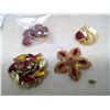 Image 2 : RED RHINESTONE AND GOLD TONE BROACHES (3) AND ONE PAIR OF EARRINGS