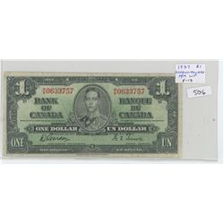 1937 $1. GORDON-TOWERS SIGNATURES. WIDE SIGNATURE PANEL. M/M PREFIX. F-12.