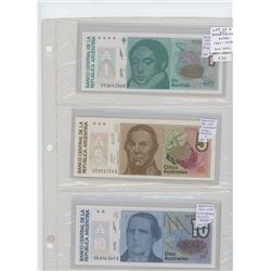 LOT OF 3 DIFFERENT NOTES FROM ARGENTINA. FROM A 1985-1989 SERIES INCLUDING 1 AUSTRAL, 5 AUSTRALES AN