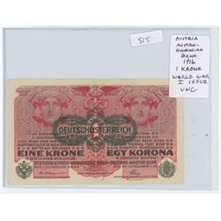 AUSTRIA. AUSTRO HUNGARIAN BANK 1916 1 KRONE. WORLD WAR I ISSUE. REVERSE SAYS COUNTERFEITERS WILL BE 