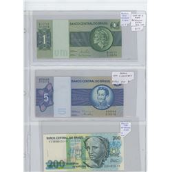 LOT OF 3 BRAZILIAN NOTES. 1980 1 CRUZEIRO, 1979 5 CRUZEIROS, AND 1990 200 CRUZEIROS. ALL UNC.