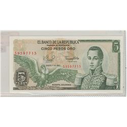 COLUMBIA 1980 5 PESOS. CONDOR LEFT, CORDOBA RIGHT/FORTRESS AT CARTAGENA. P-406F. UNC.