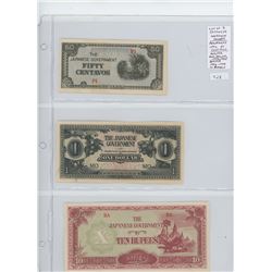 LOT OF 3 DIFFERENT JAPANESE INVASION MONEY. PHILIPPINES 1942 50 CENTAVOS; MALAYA 1942-1945 1 DOLLAR;