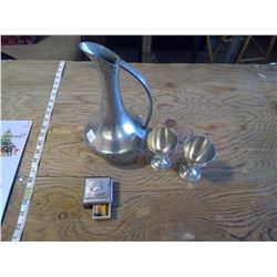 NORWEGIAN PEWTER WATER PITCHER AND MATCH HOLDER, 2-GOBLETS