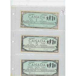 LOT OF 3 DIFFERENT BANK OF FAMILY LIFE NOTES. 1 BUCK, 5 BUCKS, 20 BUCKS.