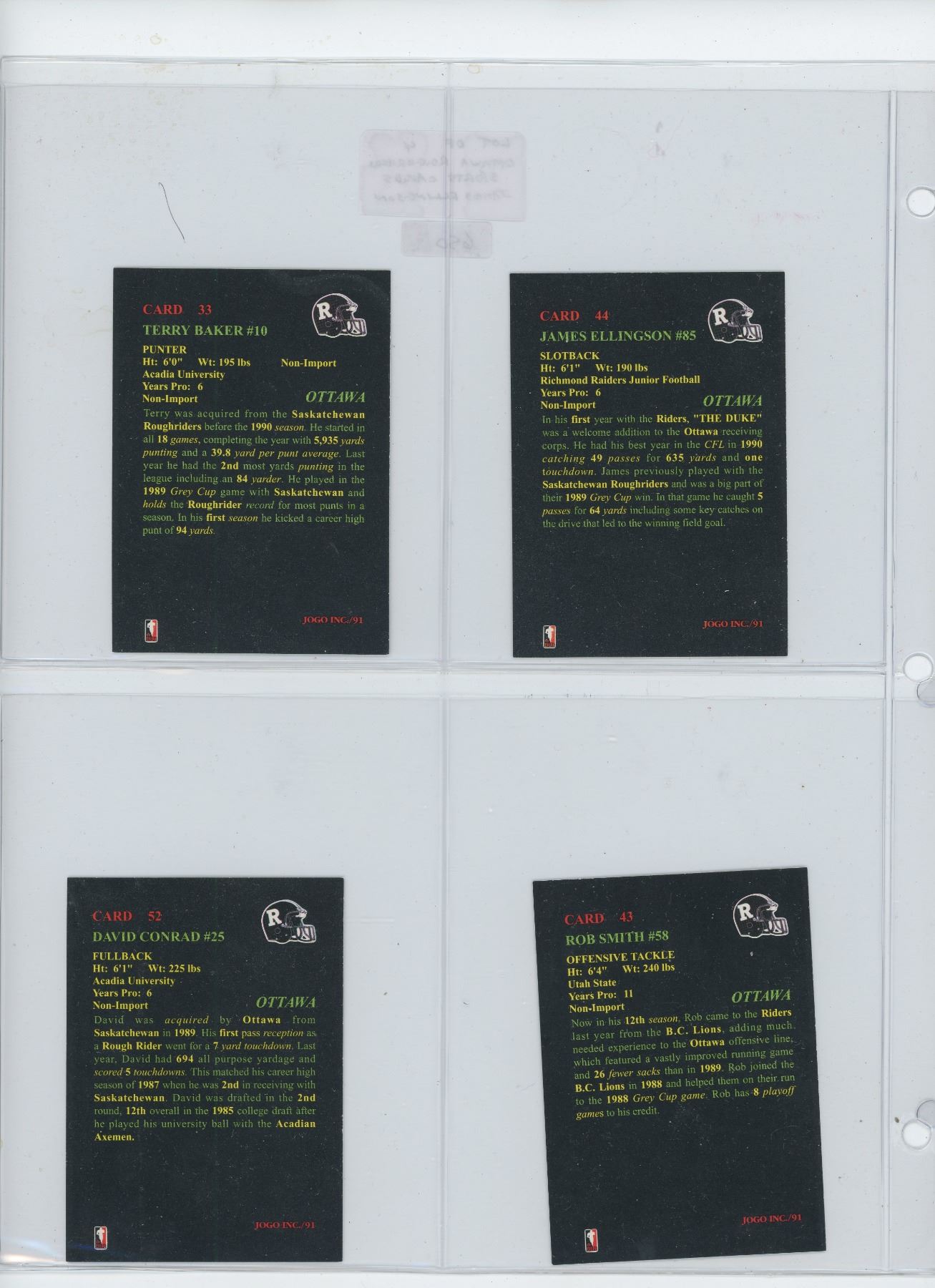 LOT OF 4 OTTAWA ROUGH RIDERS 1994 SPORTS CARDS INCLUDING JAMES ...