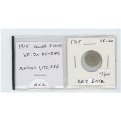1915 SILVER 5 CENTS. WORLD WAR I ISSUE. KEY DATE. ONLY 1,172,258 MINTED. VF-20. NICE